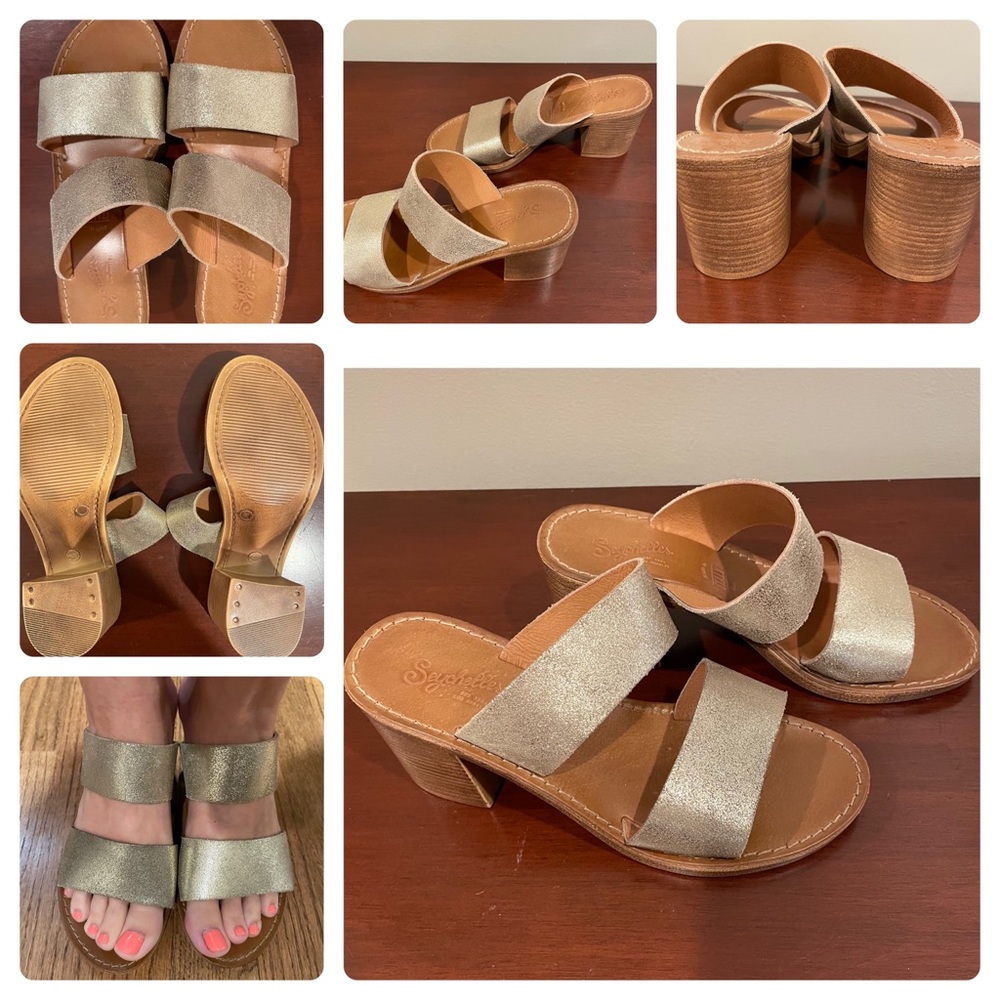New 7 Seychelles Gold Leather Block Heel Sandals